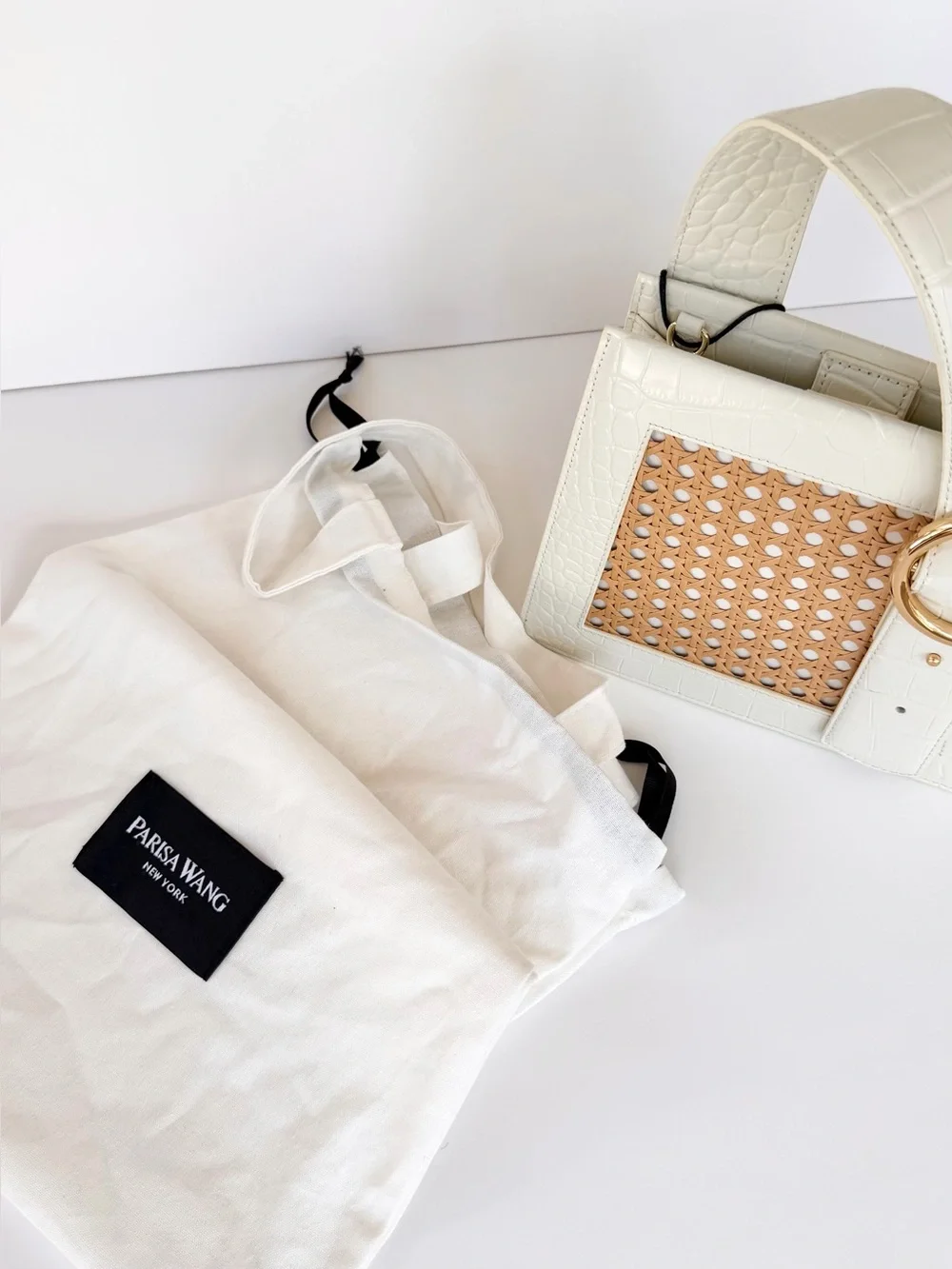 NWT Parisa Wang Bamboo Enchanted Top Handle Bag Cream w/ crossbody strap
